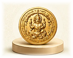 Gold devotional coin displayed on a round pedestal