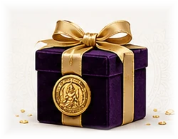 Purple gift box with a gold ribbon and Ramsetu coin