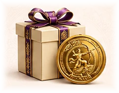 Gold Ramsetu coin beside a purple-ribbon gift box