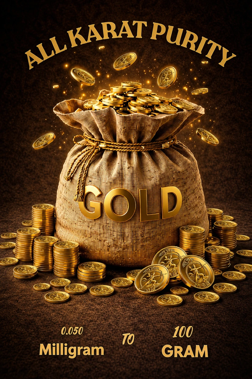 Gold coins, all karat purity, from 0.50 milligram to 100 grams