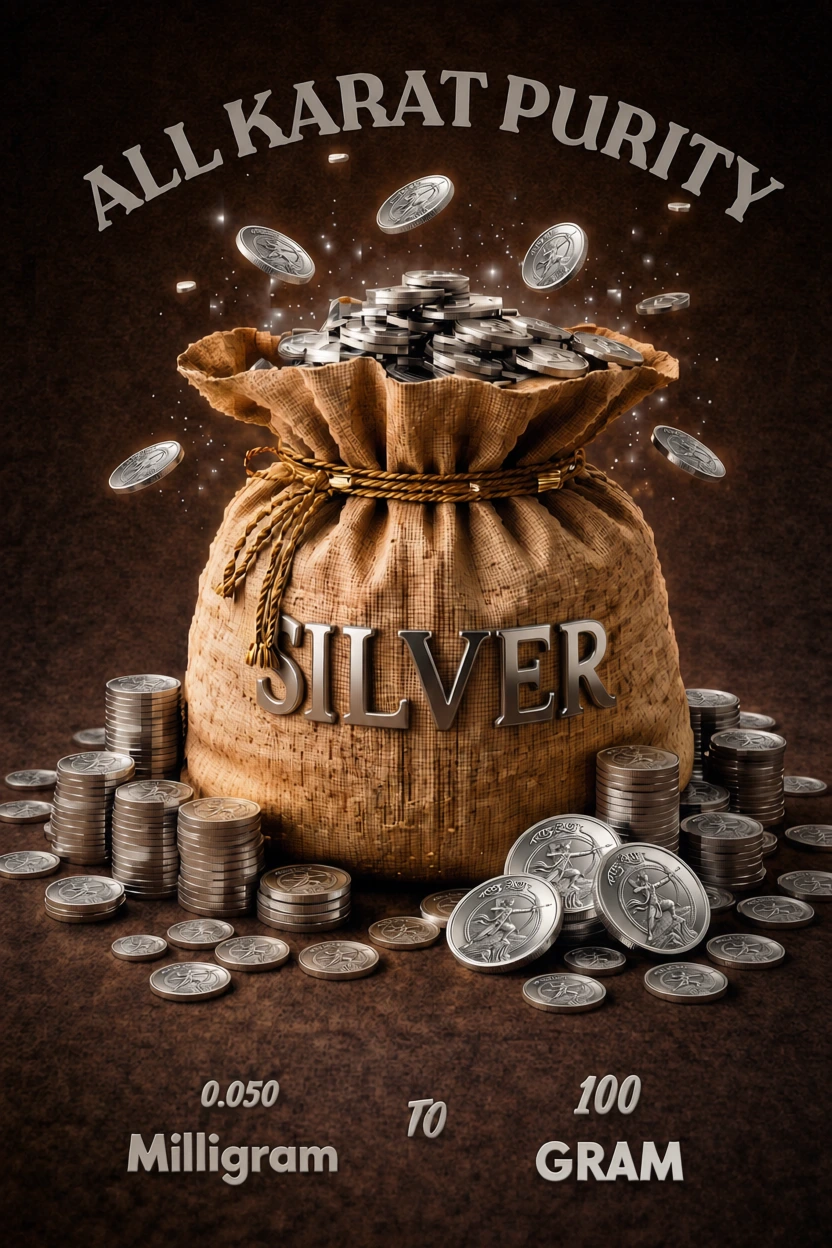 Silver coins, all karat purity, from 0.50 milligram to 100 grams